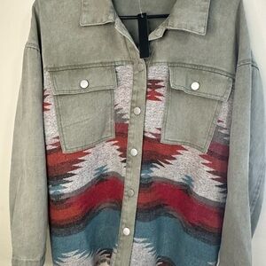 NEW ANNVA Western Aztec Boho Bohemian Western GREEN Jean Jacket size Large NWT